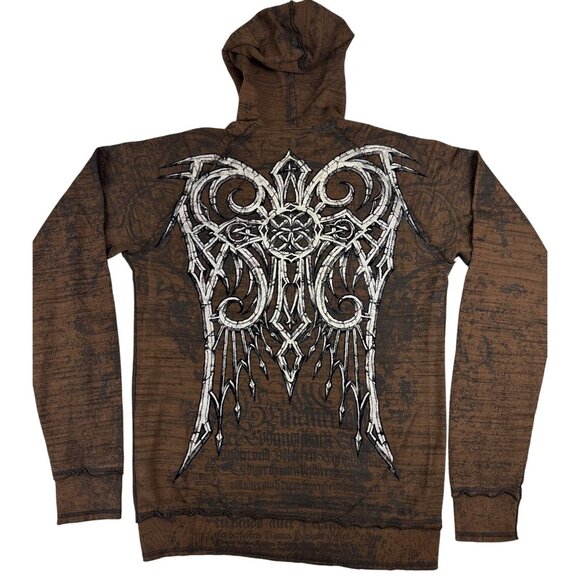 Affliction Other - Affliction Mens Med Brown Full-Zip Reversible Jacket Gothic Print/Emblem Design